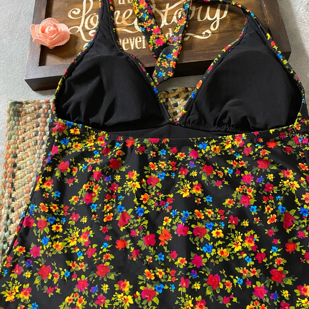 Catalina Multicolor Floral Tankini halter swim Top Lg 12-14 - Picture 5 of 6